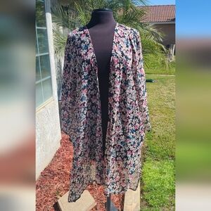 Floral Print Terra & Sky Open Front Kimono 1X 16/18W